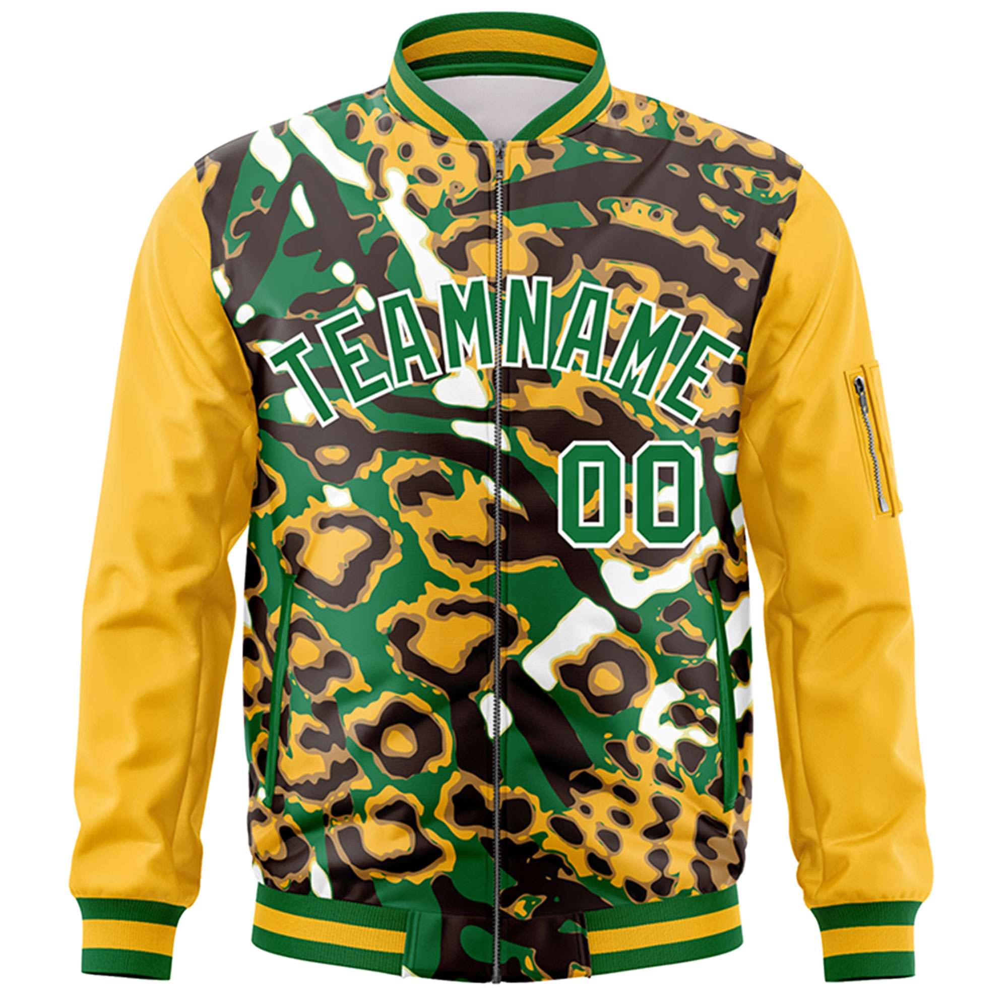 Custom Gold Kelly Green-White Varsity Full-Zip Graffiti Pattern Letterman Bomber Jacket