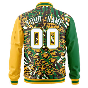 Custom Kelly Green Gold-White Varsity Full-Zip Graffiti Pattern Letterman Bomber Jacket