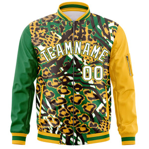 Custom Kelly Green Gold-White Varsity Full-Zip Graffiti Pattern Letterman Bomber Jacket