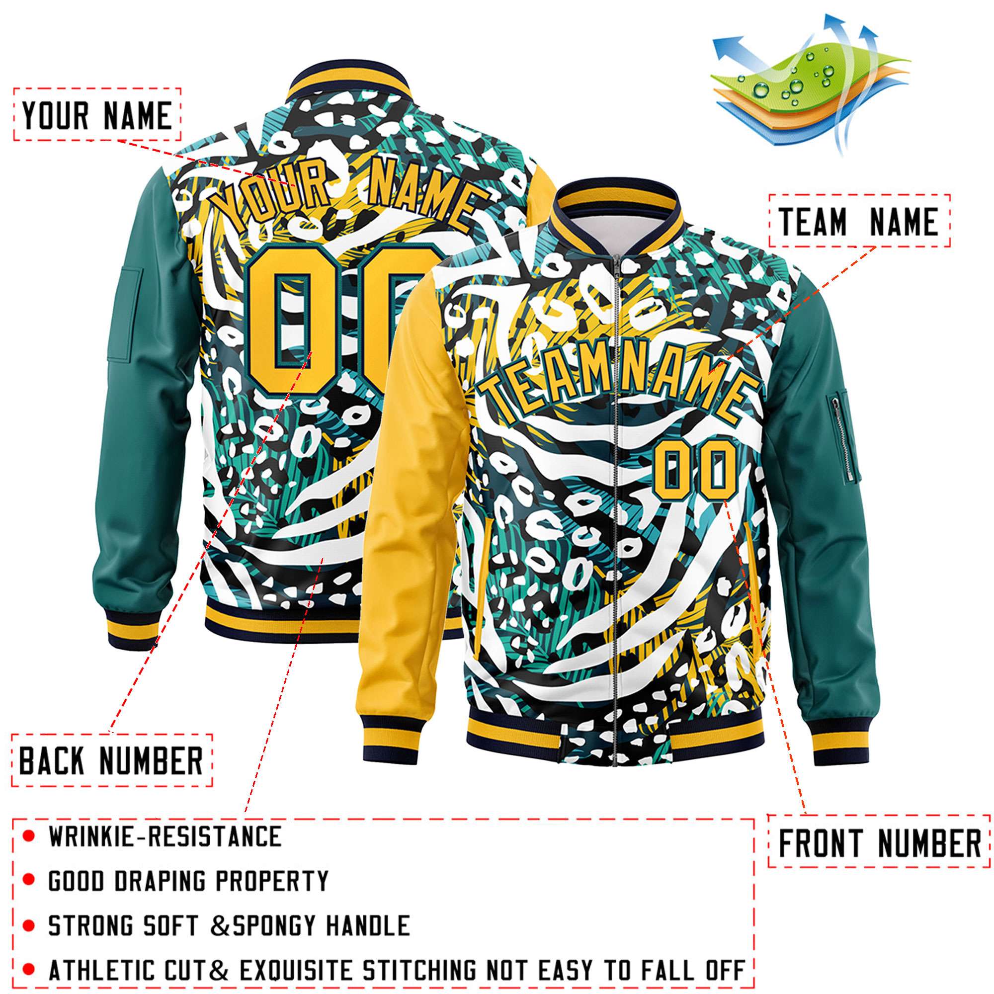 Custom Gold Aqua Varsity Full-Zip Graffiti Pattern Letterman Bomber Jacket