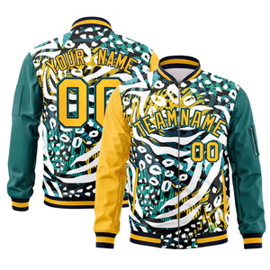 Custom Gold Aqua Varsity Full-Zip Graffiti Pattern Letterman Bomber Jacket