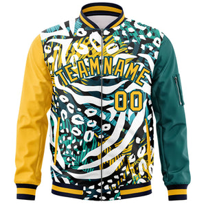 Custom Gold Aqua Varsity Full-Zip Graffiti Pattern Letterman Bomber Jacket