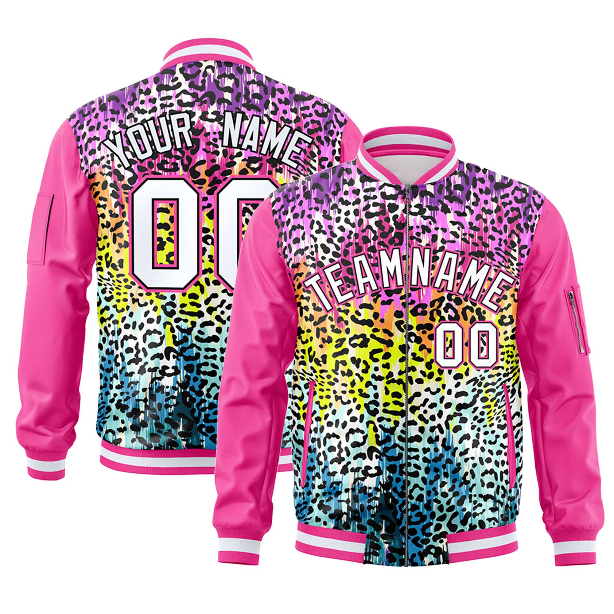 Custom Pink White Varsity Full-Zip Graffiti Pattern Letterman Bomber Jacket