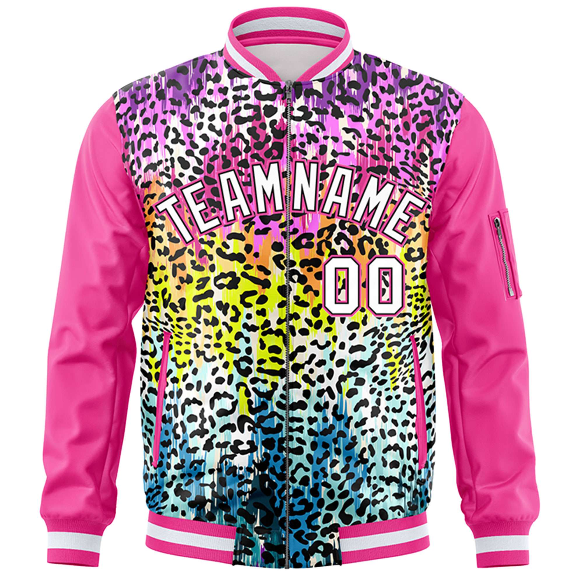 Custom Pink White Varsity Full-Zip Graffiti Pattern Letterman Bomber Jacket