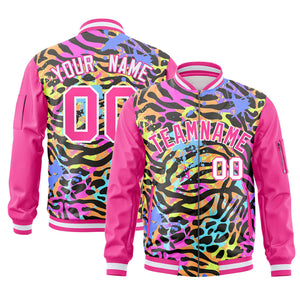 Custom Pink White Varsity Full-Zip Graffiti Pattern Letterman Bomber Jacket