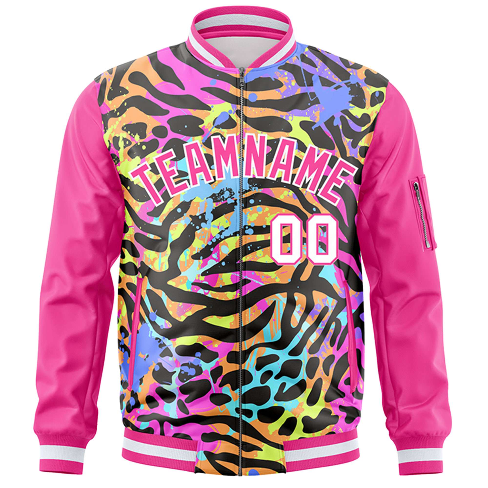 Custom Pink White Varsity Full-Zip Graffiti Pattern Letterman Bomber Jacket