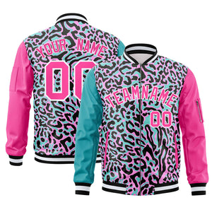 Custom Aqua Pink-White Varsity Full-Zip Graffiti Pattern Letterman Bomber Jacket