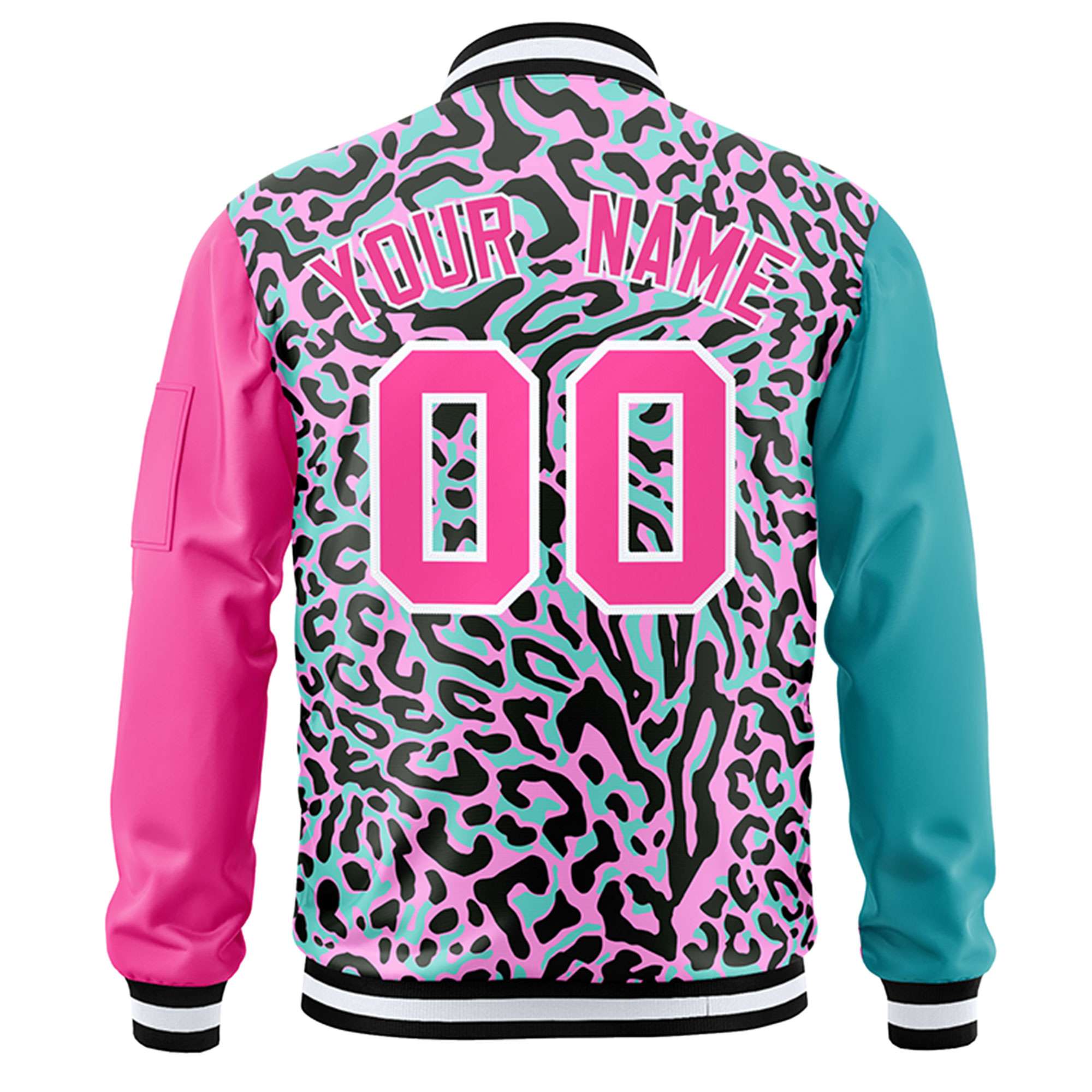 Custom Aqua Pink-White Varsity Full-Zip Graffiti Pattern Letterman Bomber Jacket