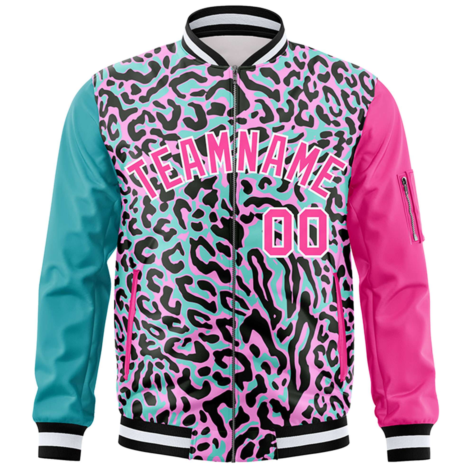 Custom Aqua Pink-White Varsity Full-Zip Graffiti Pattern Letterman Bomber Jacket