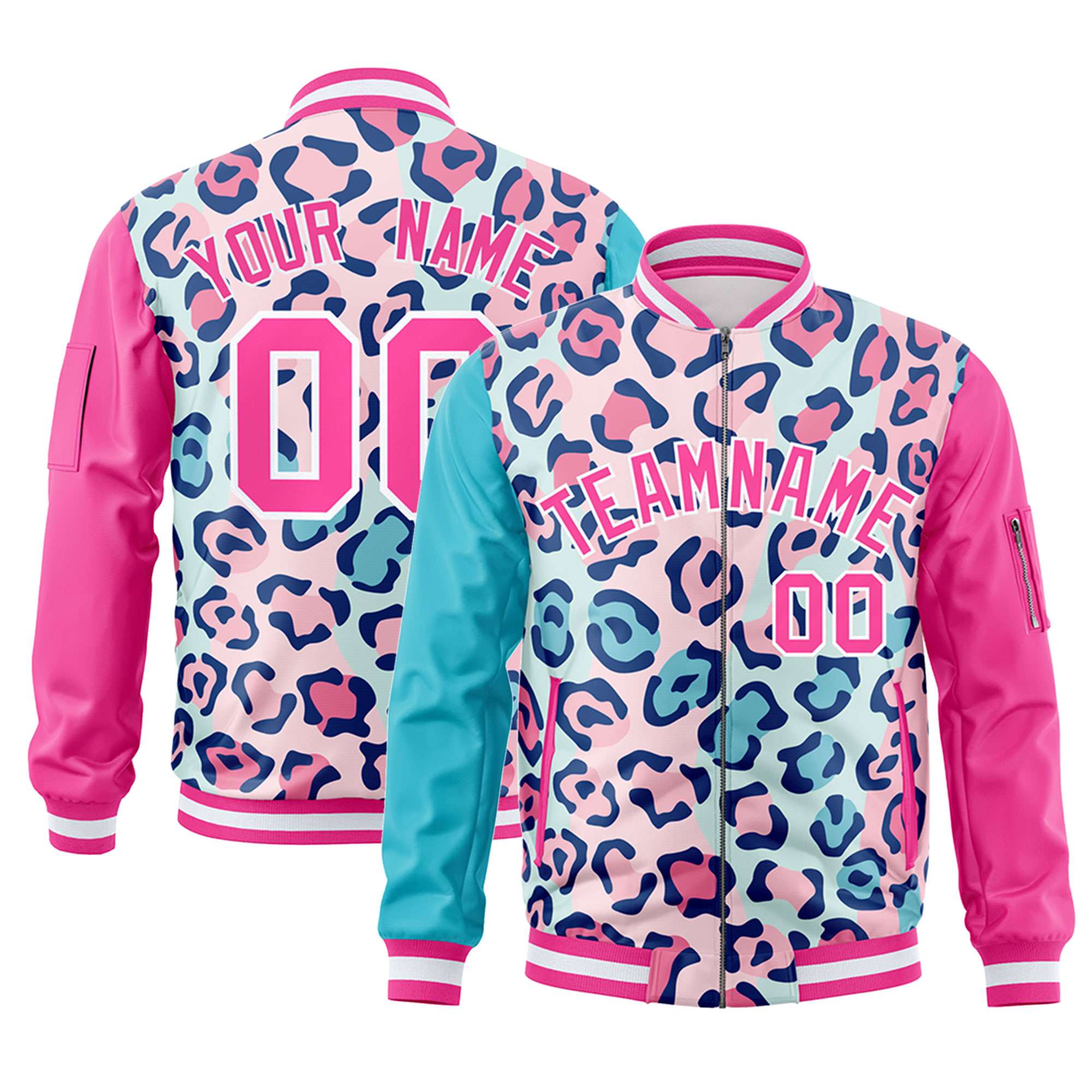 Custom Lt Blue Pink-White Varsity Full-Zip Graffiti Pattern Letterman Bomber Jacket