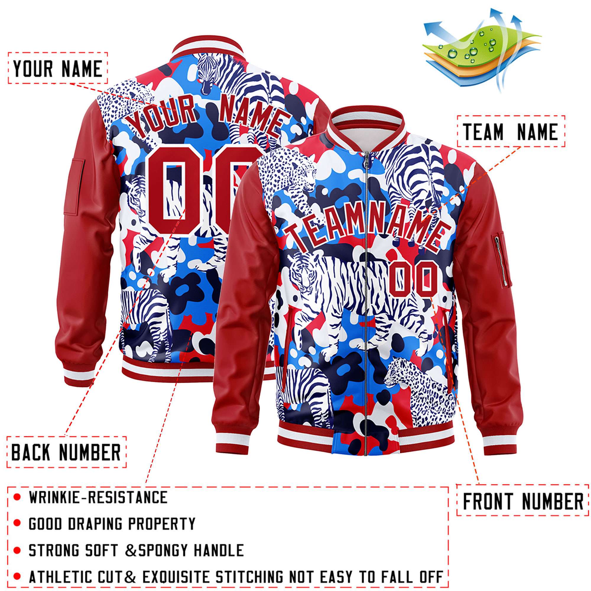 Custom Red White Varsity Full-Zip Graffiti Pattern Letterman Bomber Jacket