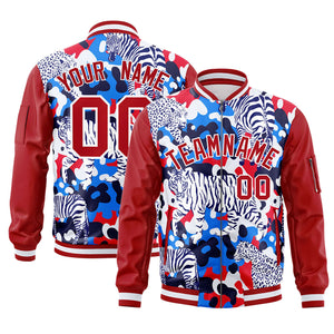 Custom Red White Varsity Full-Zip Graffiti Pattern Letterman Bomber Jacket