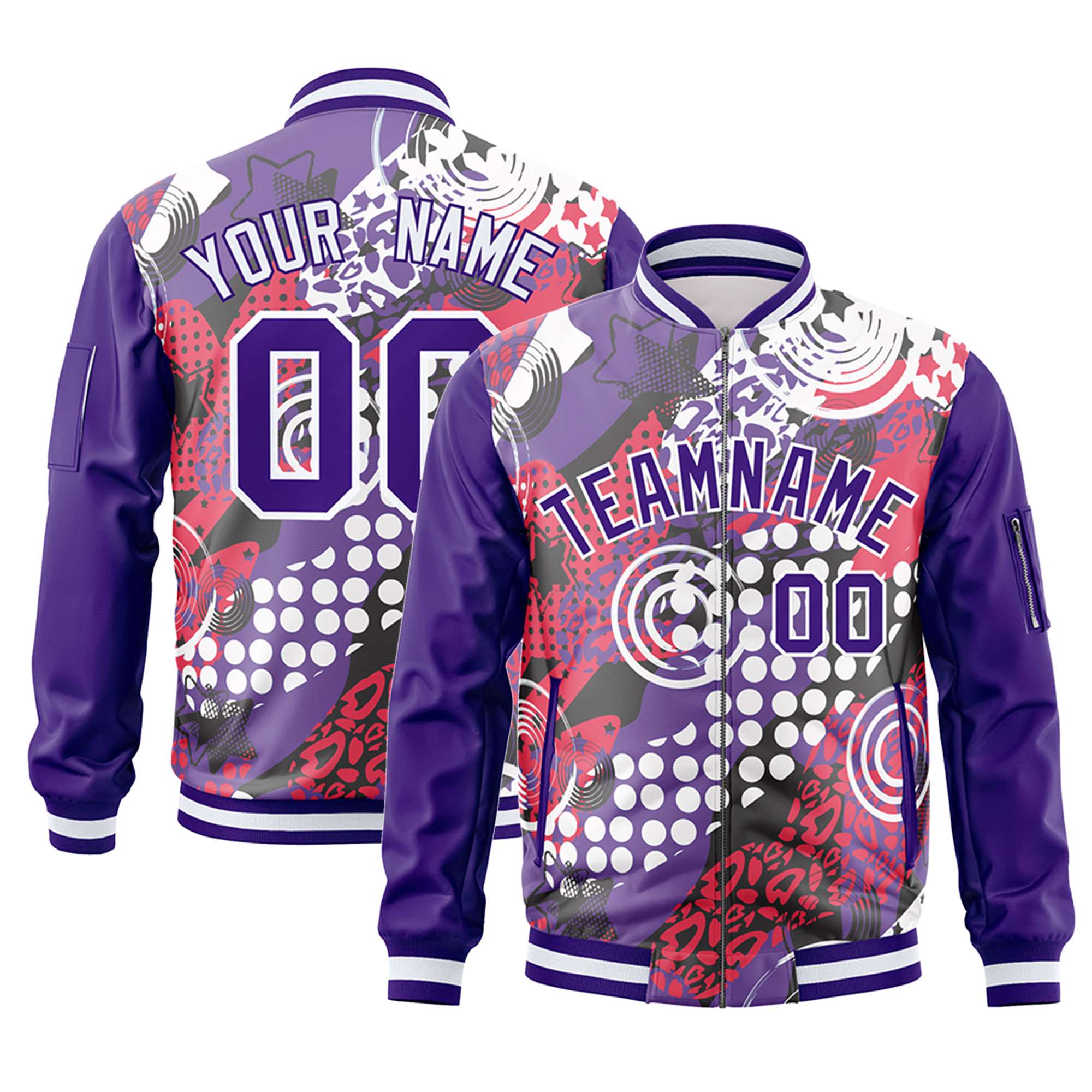 Custom Purple White Varsity Full-Zip Graffiti Pattern Letterman Bomber Jacket