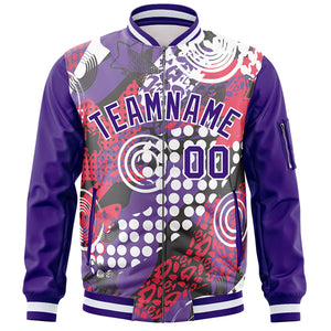 Custom Purple White Varsity Full-Zip Graffiti Pattern Letterman Bomber Jacket