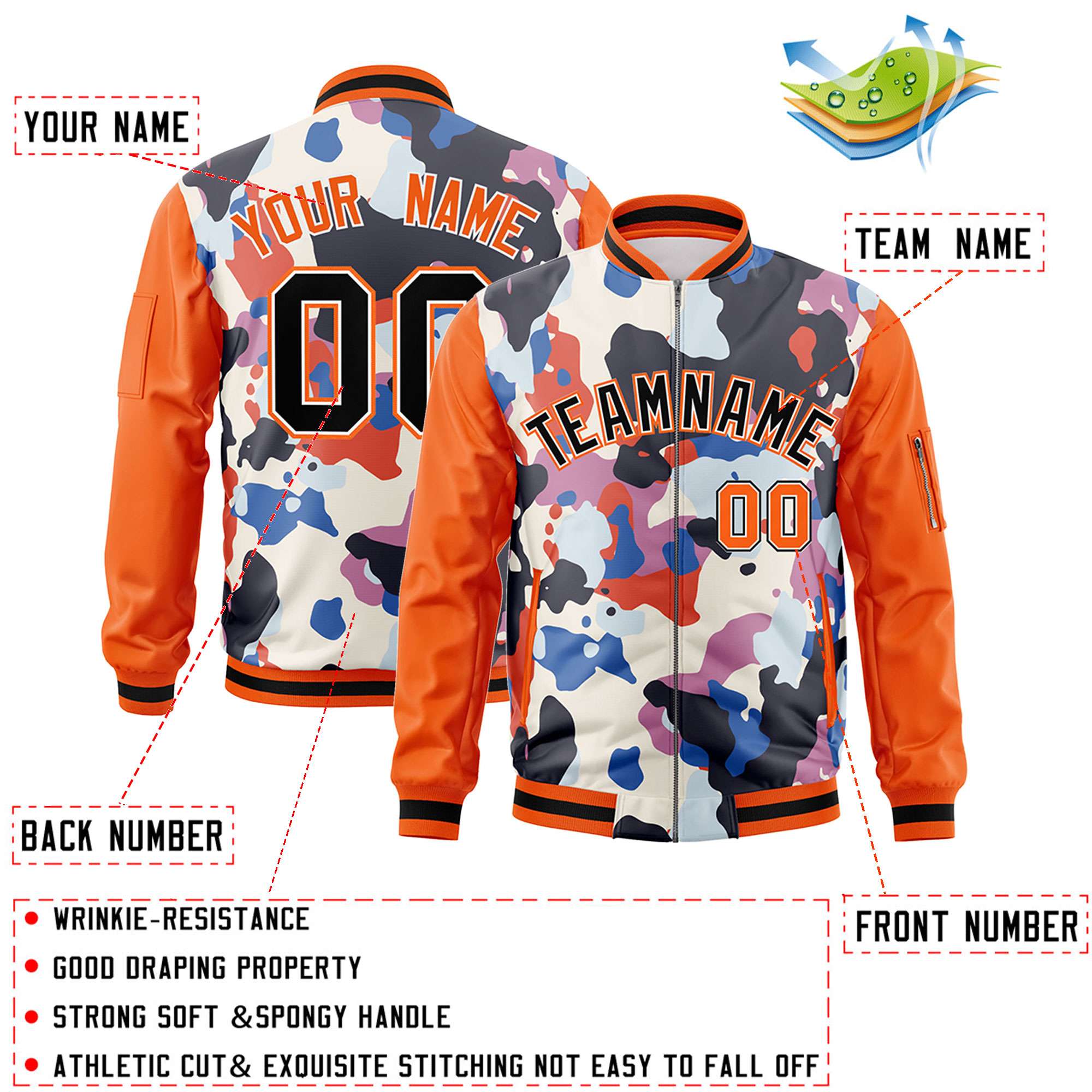 Custom Orange Black Varsity Full-Zip Graffiti Pattern Letterman Bomber Jacket