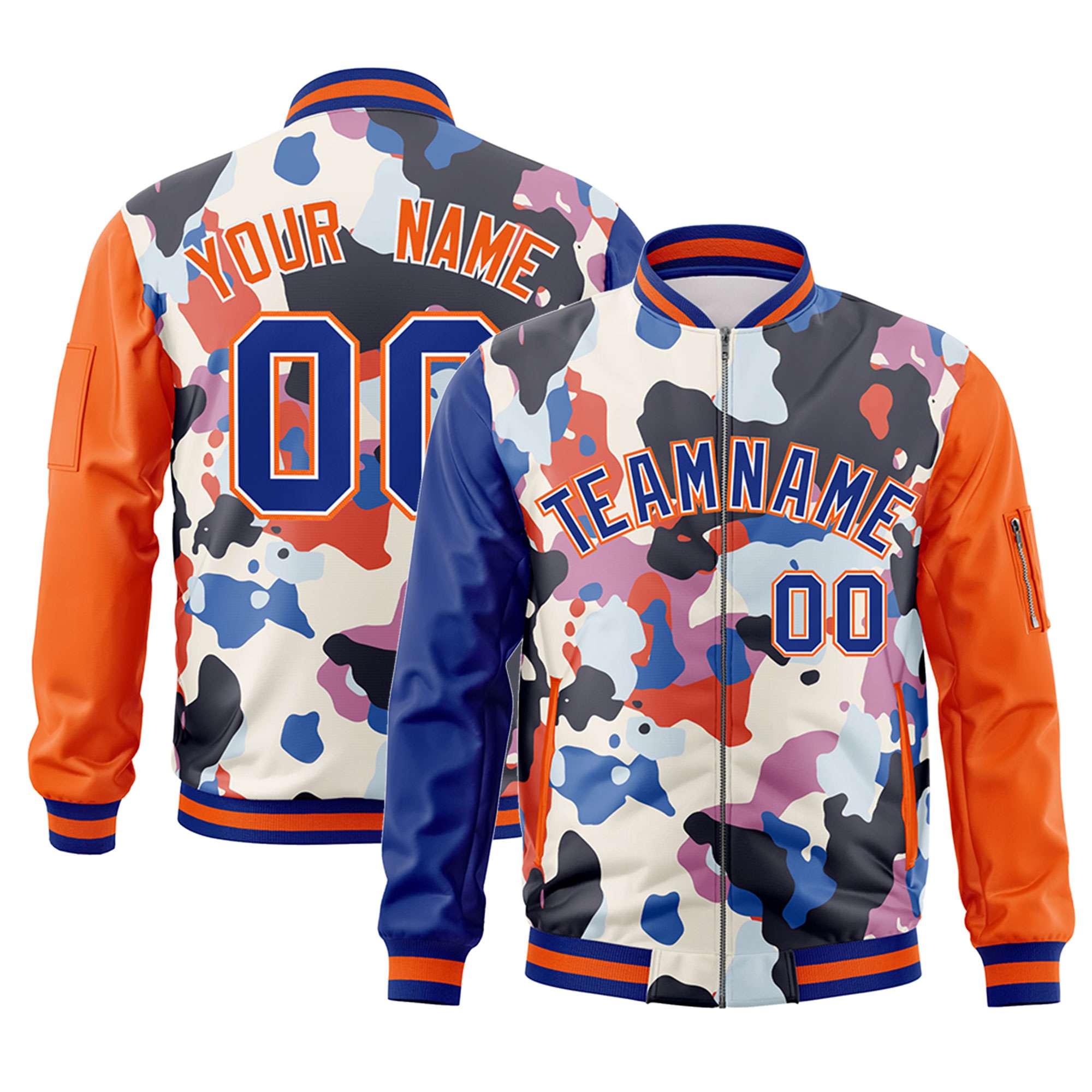 Custom Royal Orange Varsity Full-Zip Graffiti Pattern Letterman Bomber Jacket