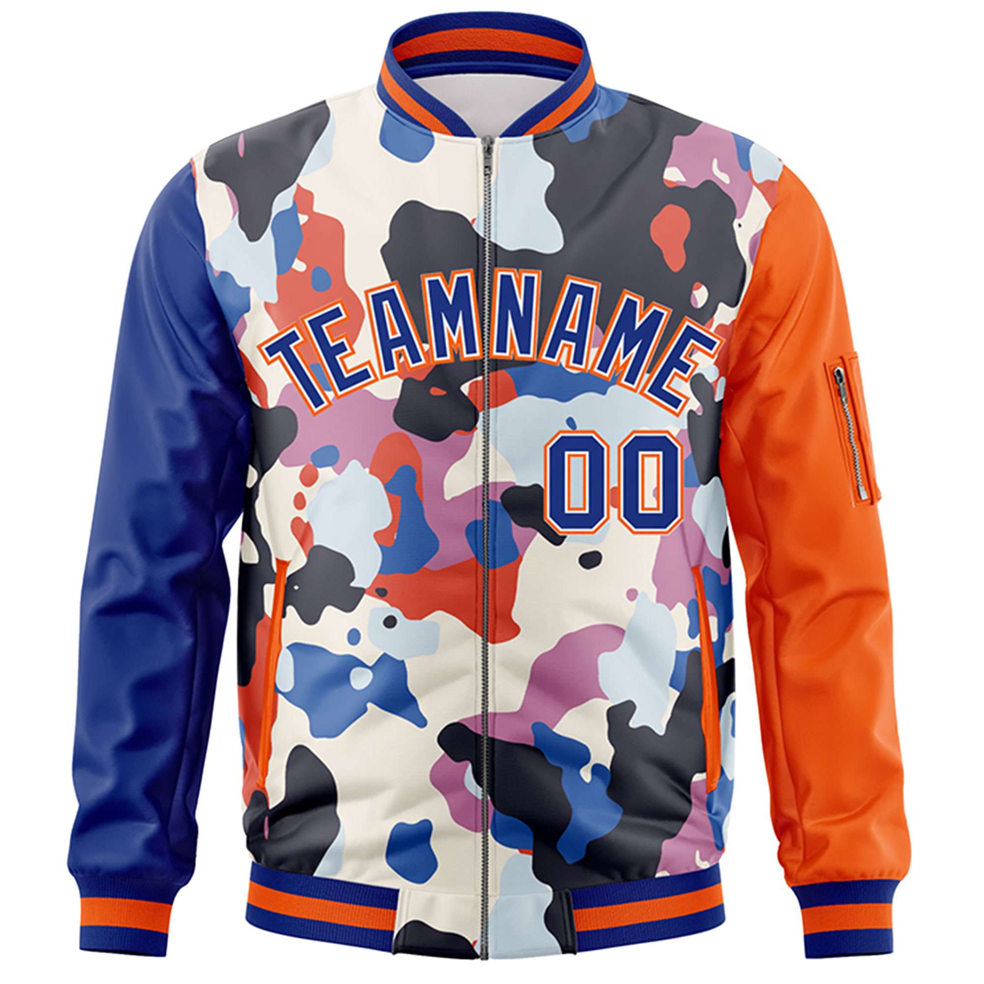 Custom Royal Orange Varsity Full-Zip Graffiti Pattern Letterman Bomber Jacket