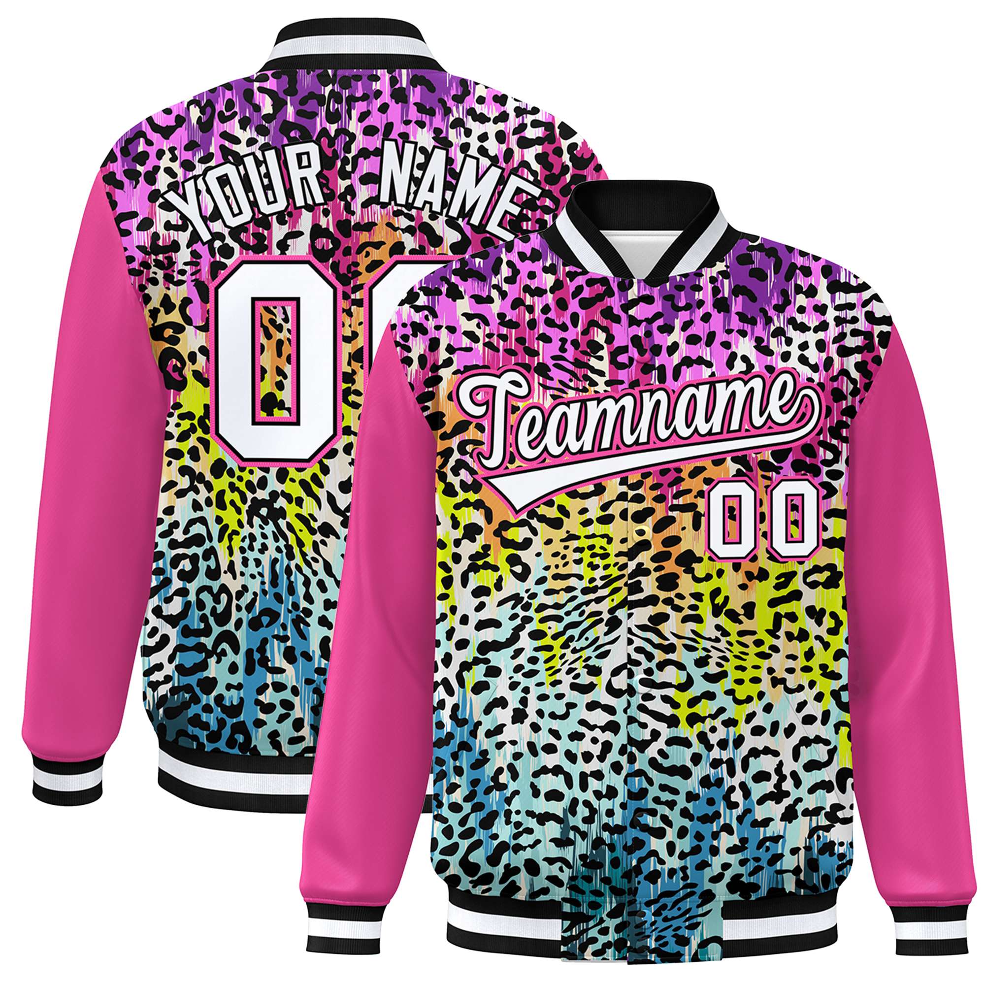 Custom Pink White Varsity Full-Zip Graffiti Pattern Letterman Bomber Jacket