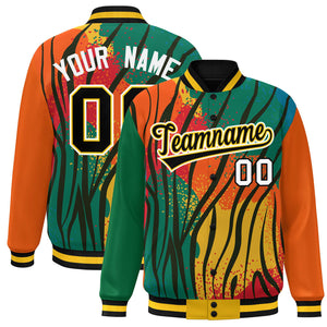 Custom Kelly Green Orange-Black Varsity Full-Zip Graffiti Pattern Letterman Bomber Jacket