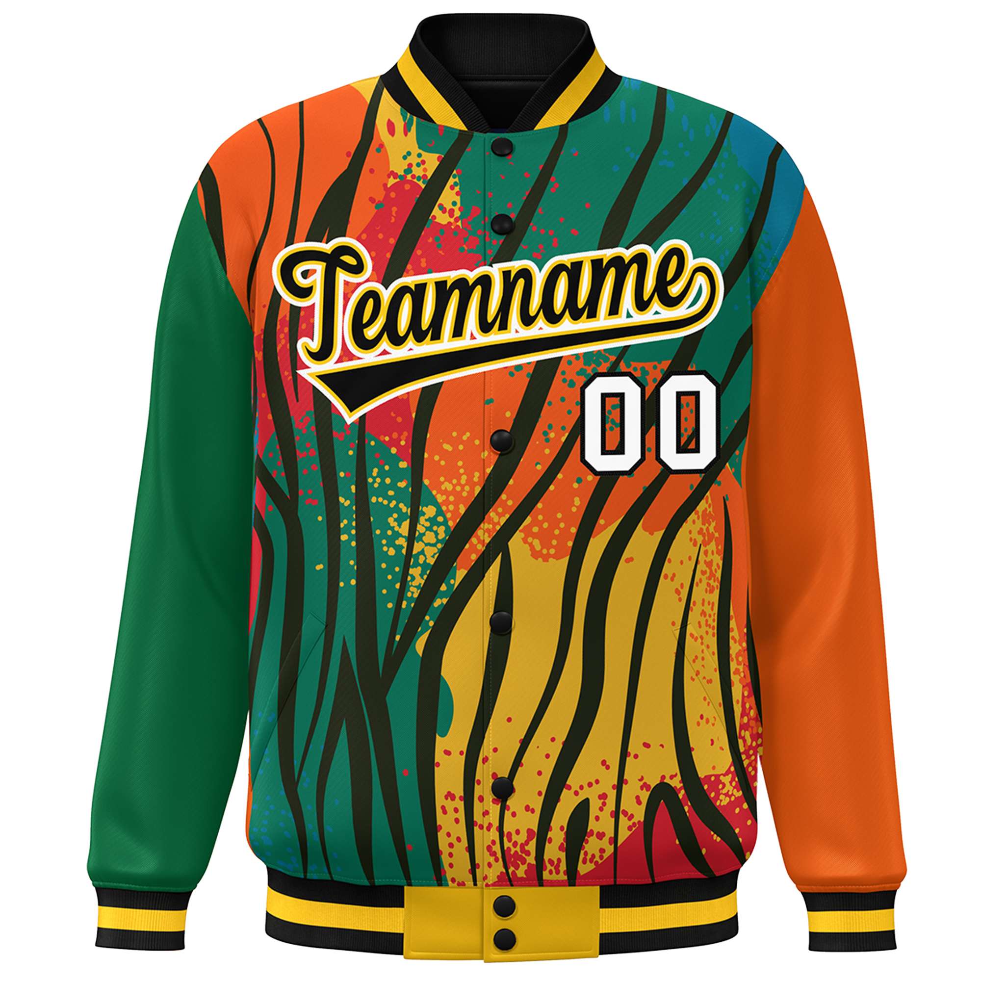 Custom Kelly Green Orange-Black Varsity Full-Zip Graffiti Pattern Letterman Bomber Jacket