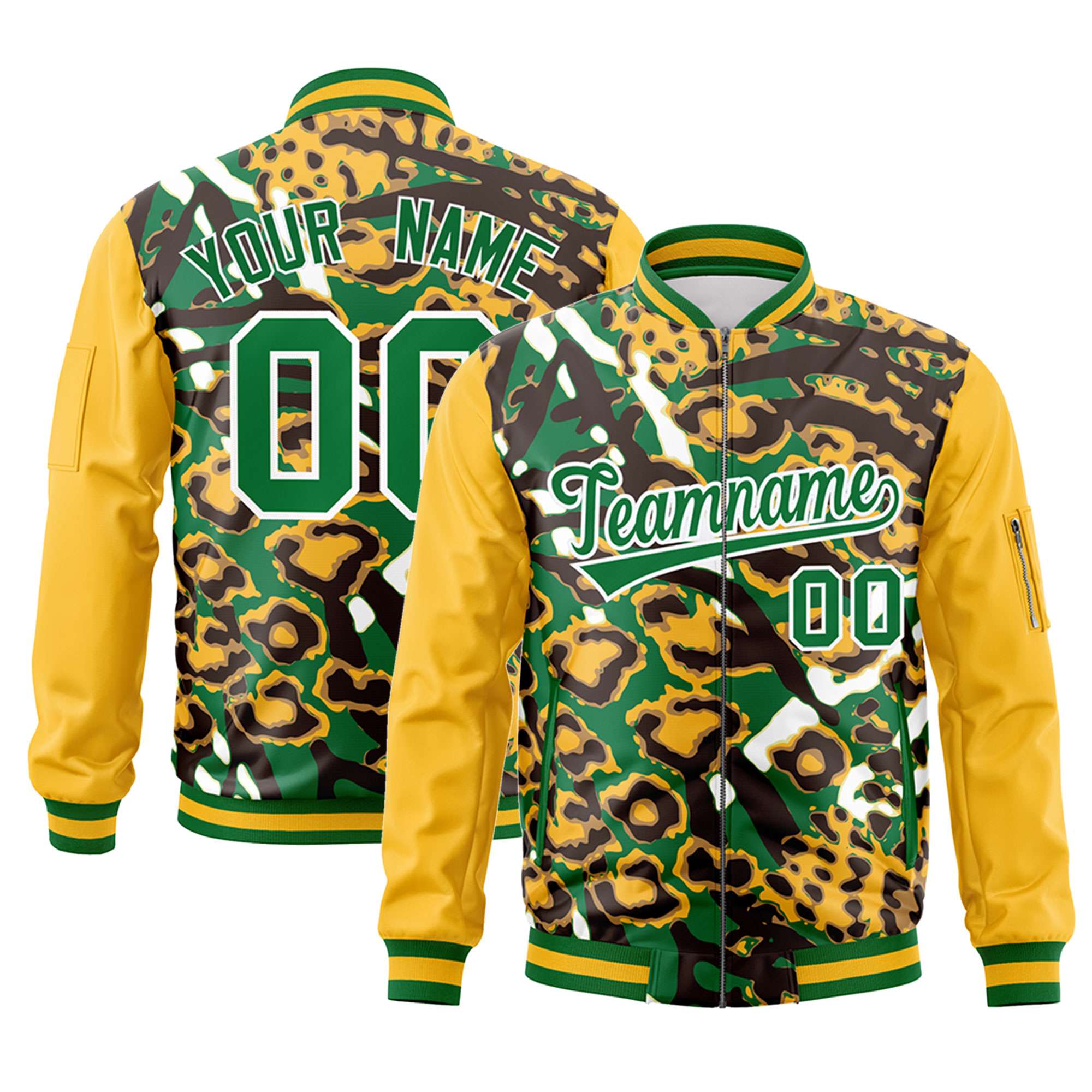 Custom Gold Kelly Green-White Varsity Full-Zip Graffiti Pattern Letterman Bomber Jacket