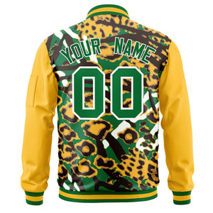 Custom Gold Kelly Green-White Varsity Full-Zip Graffiti Pattern Letterman Bomber Jacket