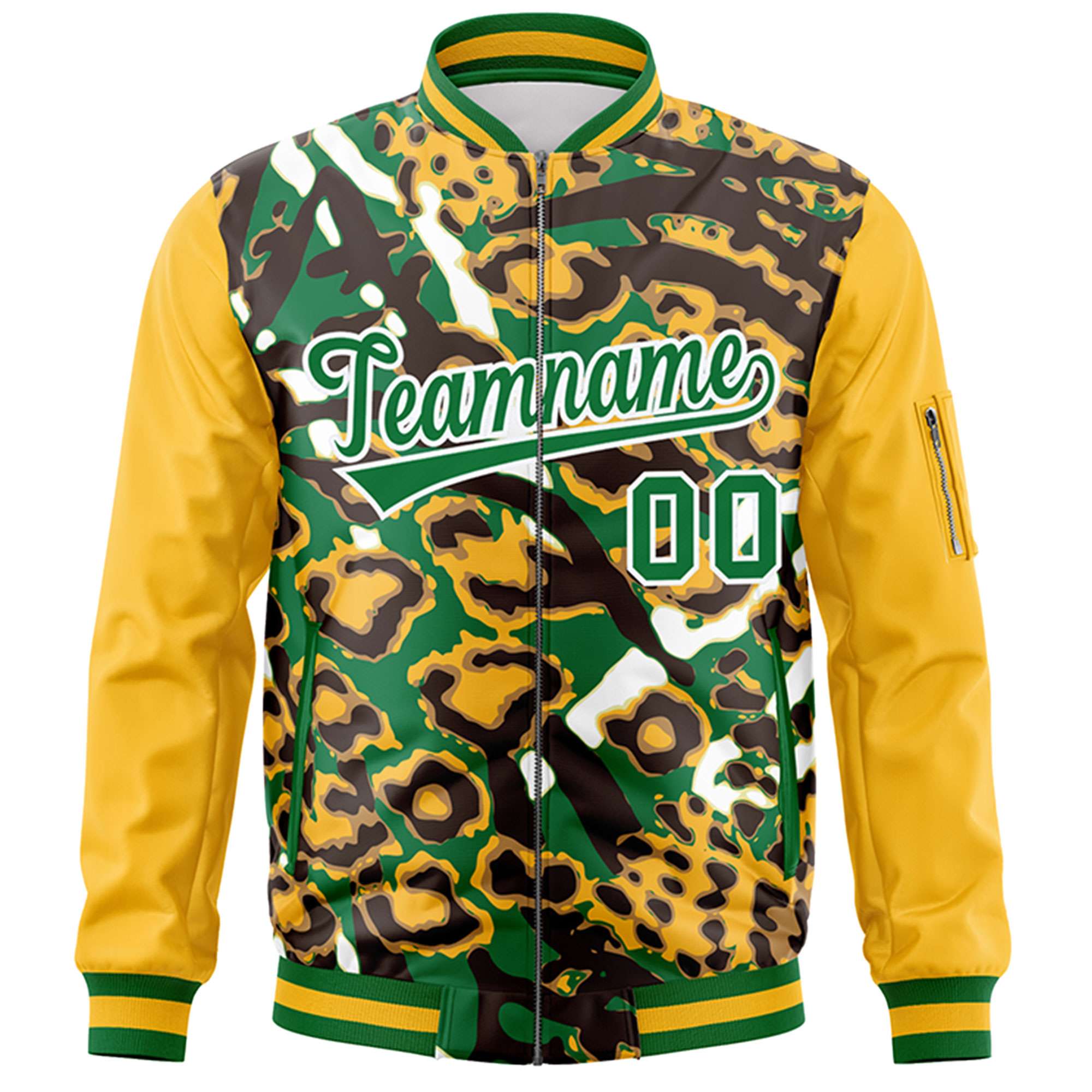 Custom Gold Kelly Green-White Varsity Full-Zip Graffiti Pattern Letterman Bomber Jacket