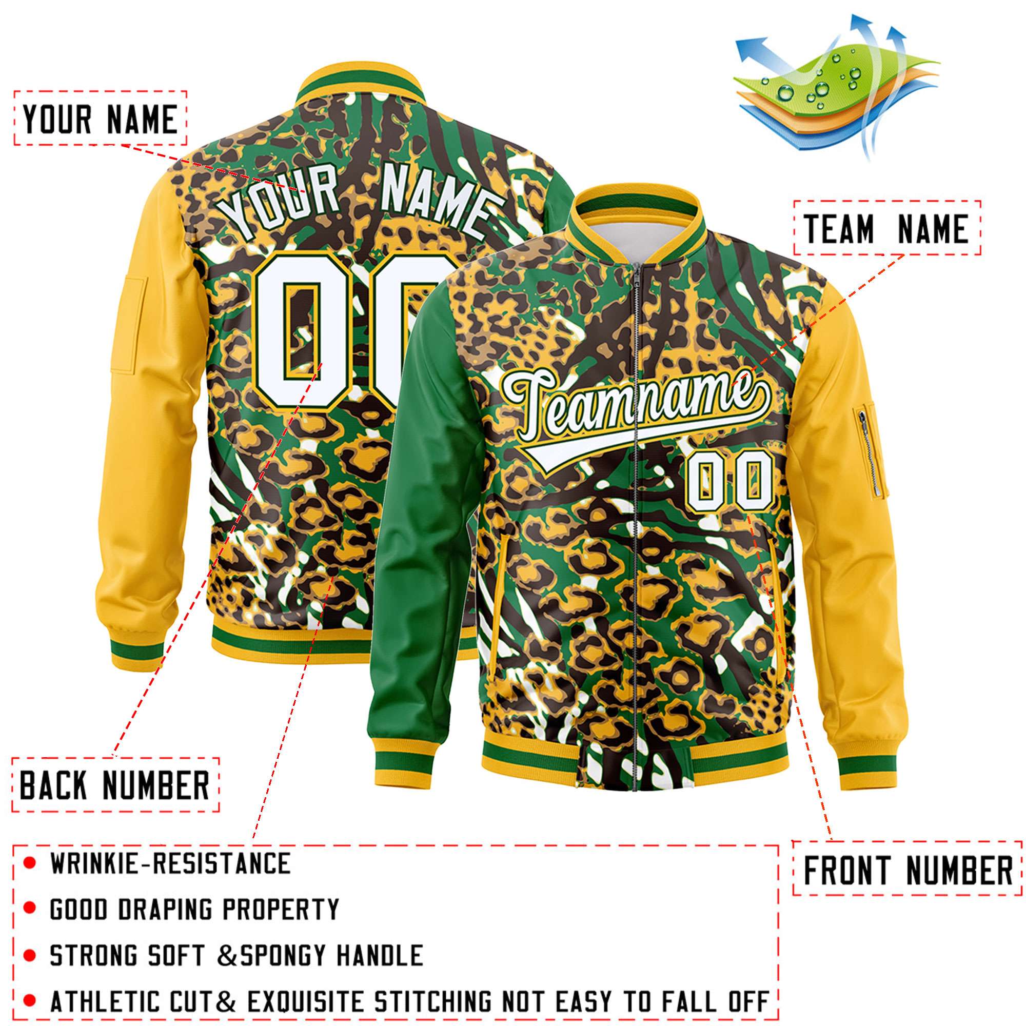 Custom Kelly Green Gold-White Varsity Full-Zip Graffiti Pattern Letterman Bomber Jacket