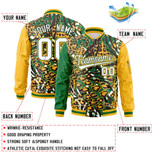 Custom Kelly Green Gold-White Varsity Full-Zip Graffiti Pattern Letterman Bomber Jacket