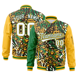 Custom Kelly Green Gold-White Varsity Full-Zip Graffiti Pattern Letterman Bomber Jacket