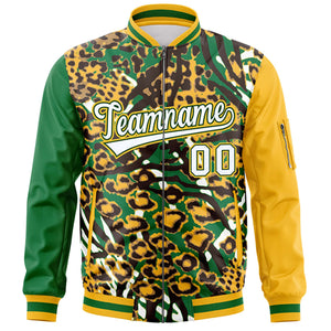 Custom Kelly Green Gold-White Varsity Full-Zip Graffiti Pattern Letterman Bomber Jacket