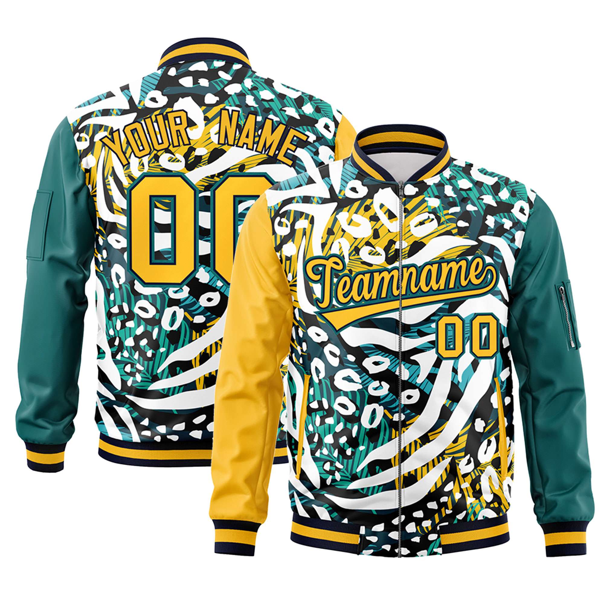 Custom Gold Aqua Varsity Full-Zip Graffiti Pattern Letterman Bomber Jacket