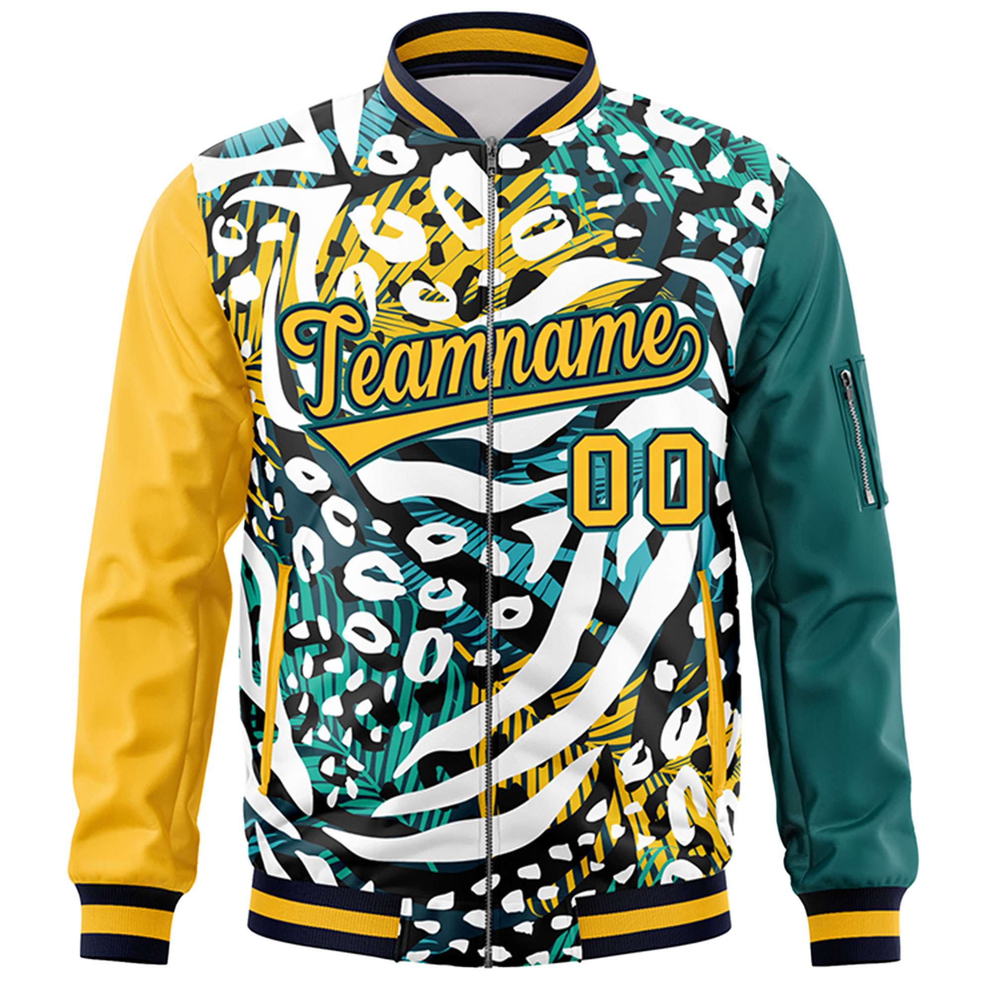 Custom Gold Aqua Varsity Full-Zip Graffiti Pattern Letterman Bomber Jacket