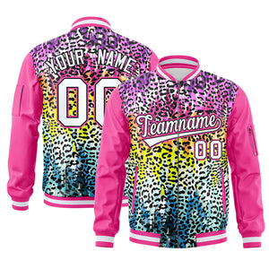 Custom Pink White Varsity Full-Zip Graffiti Pattern Letterman Bomber Jacket