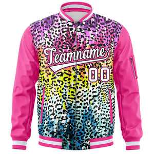 Custom Pink White Varsity Full-Zip Graffiti Pattern Letterman Bomber Jacket