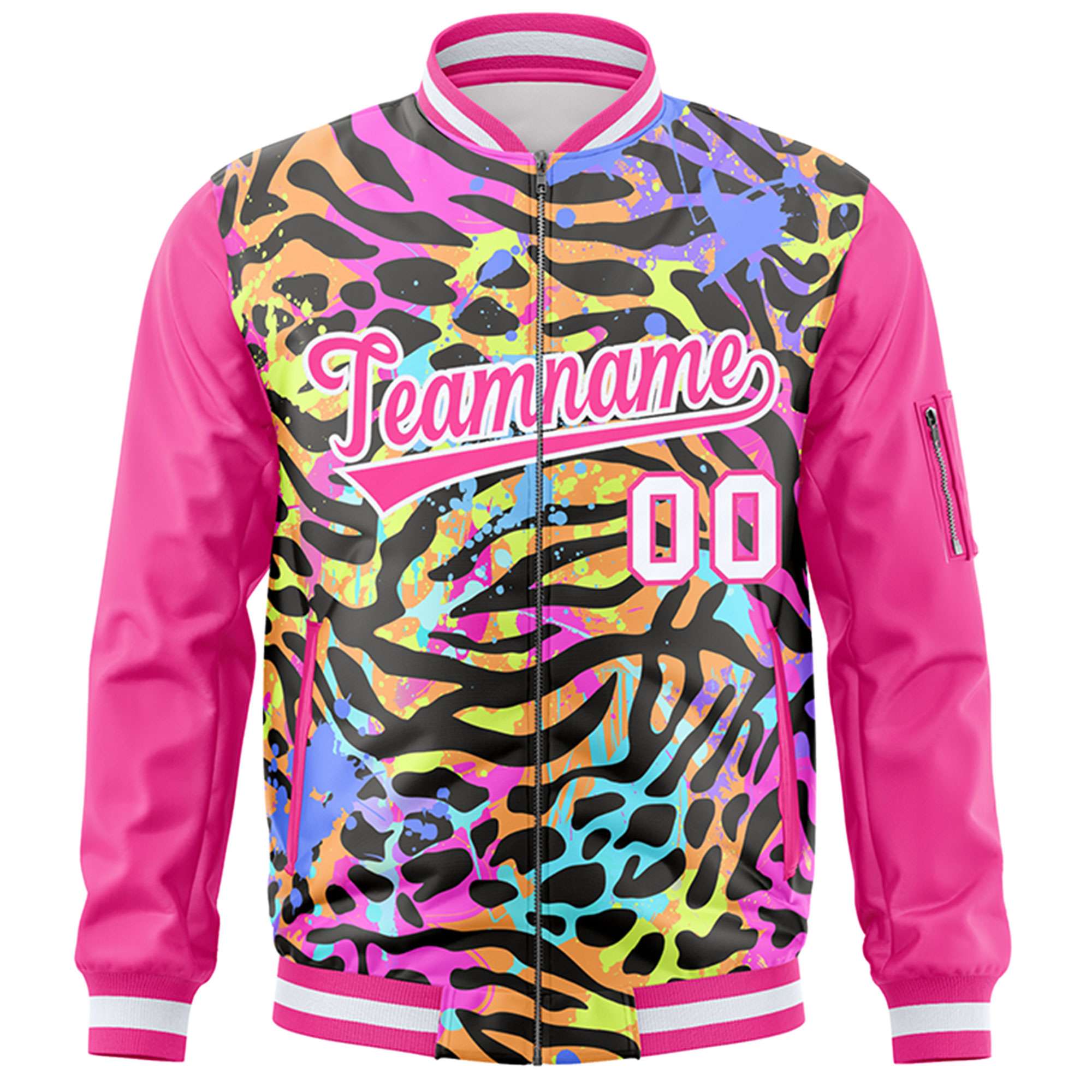 Custom Pink White Varsity Full-Zip Graffiti Pattern Letterman Bomber Jacket