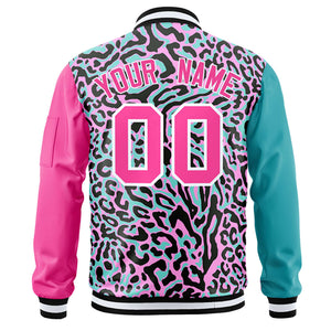 Custom Aqua Pink-White Varsity Full-Zip Graffiti Pattern Letterman Bomber Jacket