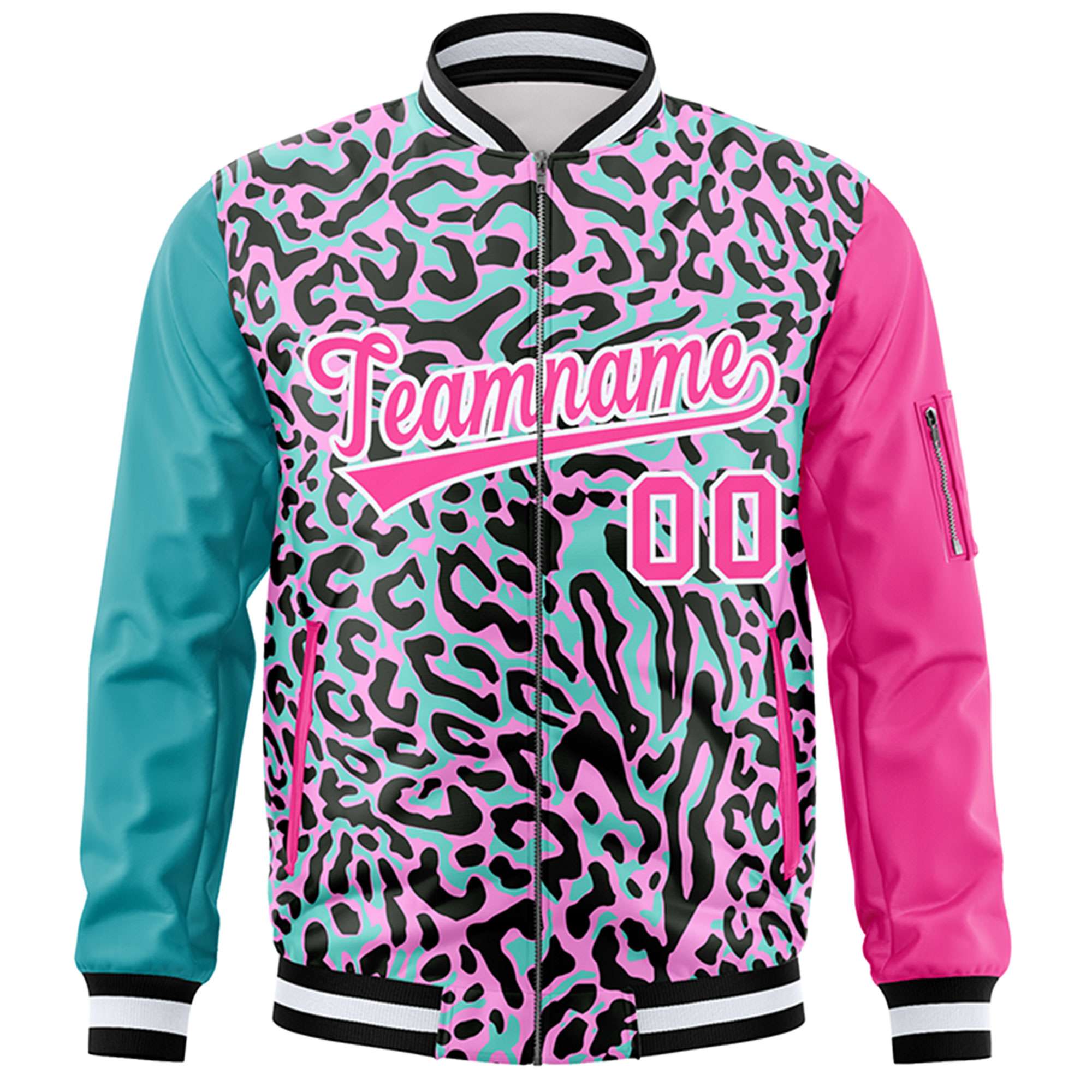 Custom Aqua Pink-White Varsity Full-Zip Graffiti Pattern Letterman Bomber Jacket