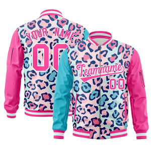 Custom Lt Blue Pink-White Varsity Full-Zip Graffiti Pattern Letterman Bomber Jacket