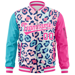 Custom Lt Blue Pink-White Varsity Full-Zip Graffiti Pattern Letterman Bomber Jacket