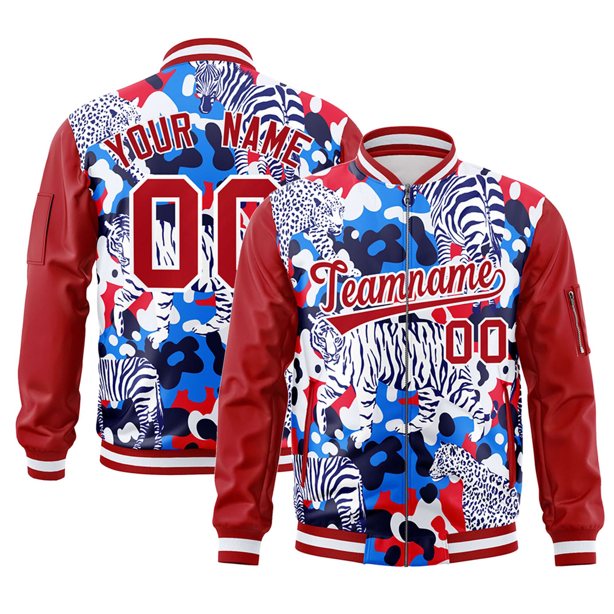 Custom Red White Varsity Full-Zip Graffiti Pattern Letterman Bomber Jacket