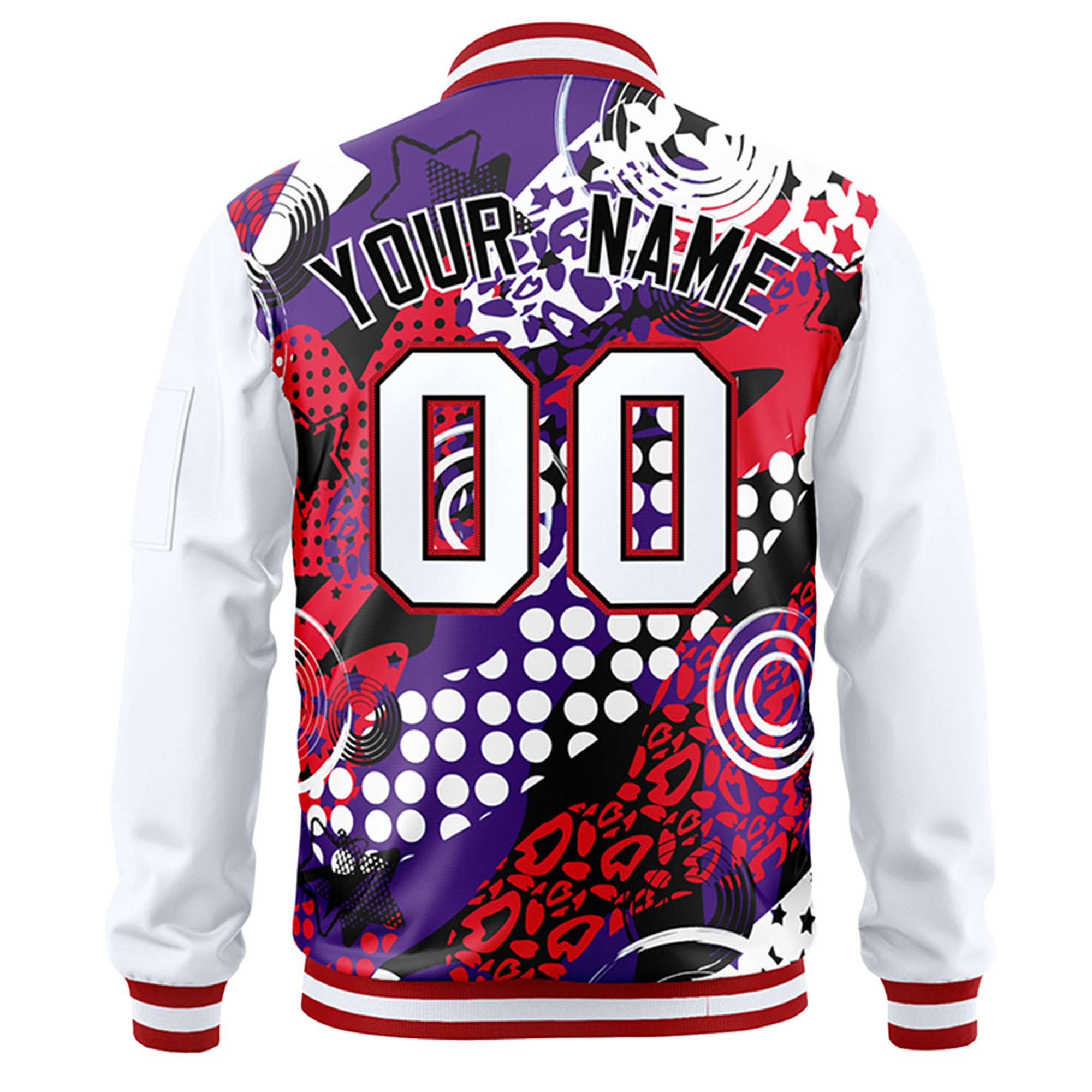 Custom White Black Varsity Full-Zip Graffiti Pattern Letterman Bomber Jacket