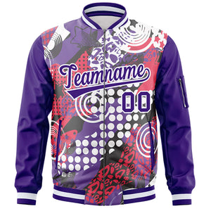 Custom Purple White Varsity Full-Zip Graffiti Pattern Letterman Bomber Jacket