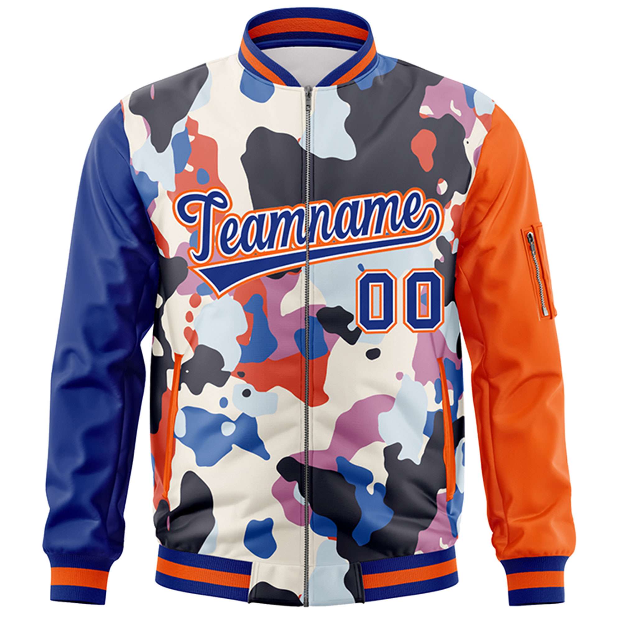 Custom Royal Orange Varsity Full-Zip Graffiti Pattern Letterman Bomber Jacket