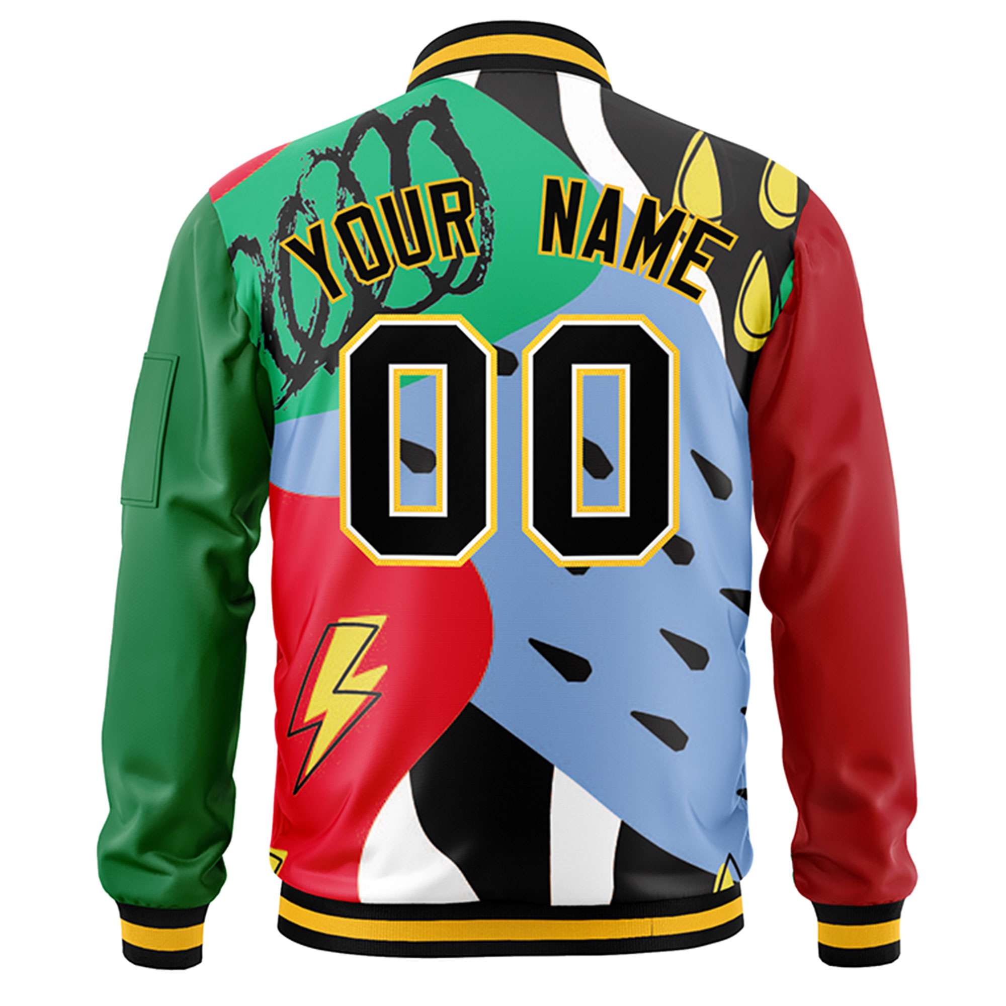 Custom Red Kelly Green-Black Varsity Full-Zip Graffiti Pattern Letterman Bomber Jacket