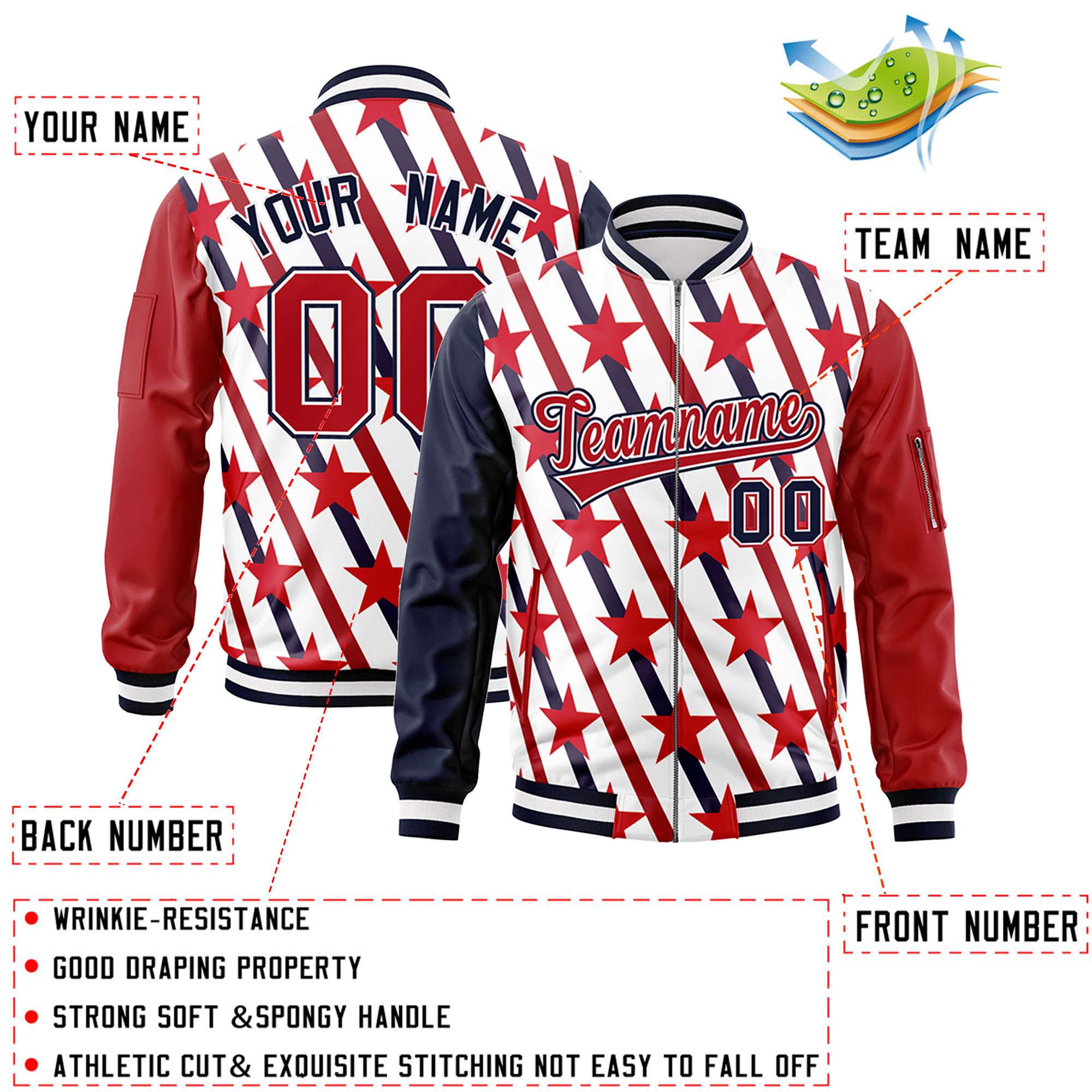 Custom Navy Red-White Varsity Full-Zip Graffiti Pattern Letterman Bomber Jacket