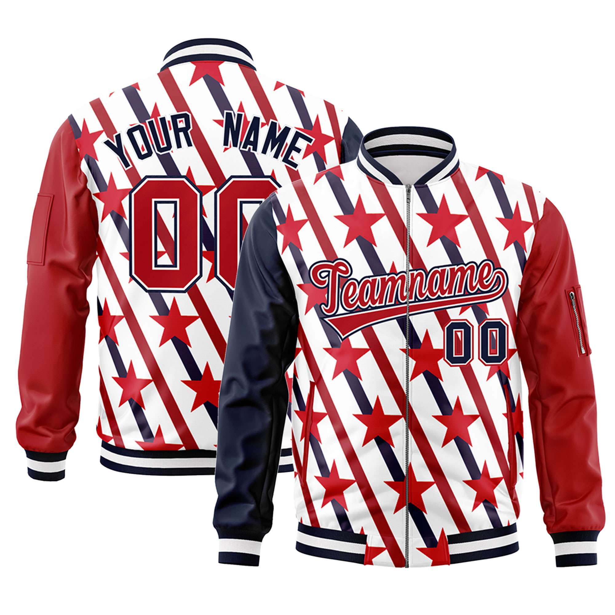 Custom Navy Red-White Varsity Full-Zip Graffiti Pattern Letterman Bomber Jacket