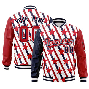 Custom Navy Red-White Varsity Full-Zip Graffiti Pattern Letterman Bomber Jacket