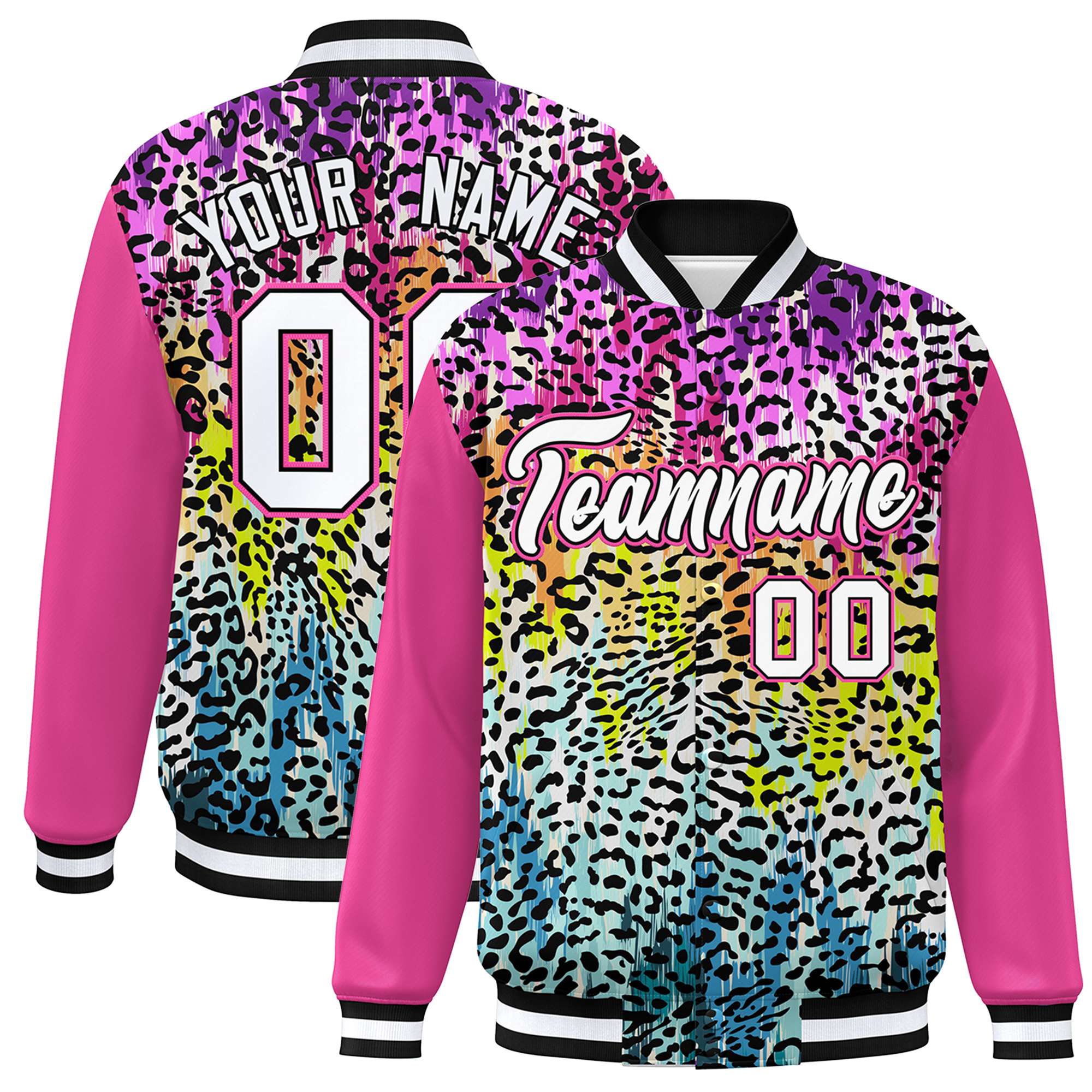 Custom Pink White Varsity Full-Zip Graffiti Pattern Letterman Bomber Jacket