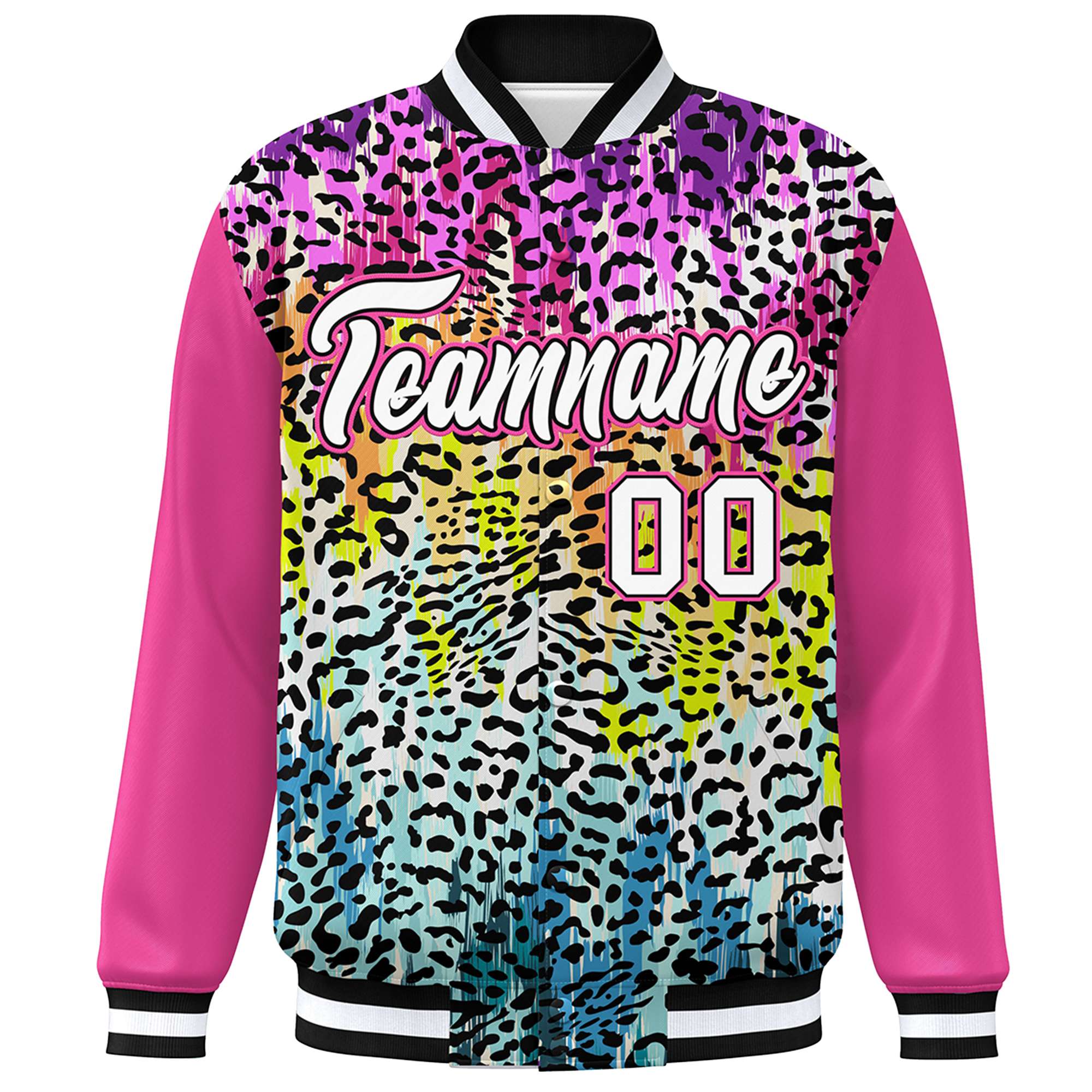 Custom Pink White Varsity Full-Zip Graffiti Pattern Letterman Bomber Jacket